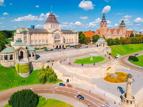 Aerial view of Szczecin city with Waly Chrobrego summer Poland