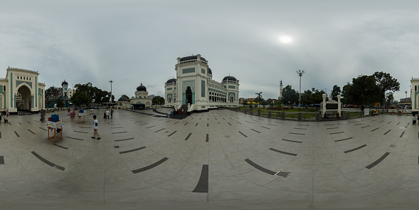 Medan, Indonesia - Sep 2, 2022: Masjid Raya Al-Mashun, landmark and the biggest mosque in Medan, North Sumatra.
