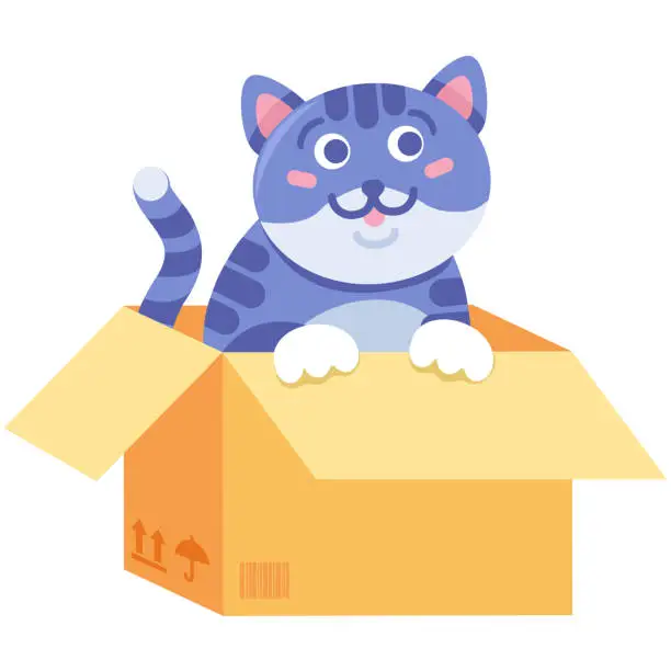 Vector illustration of Homeless Fluffy Kitten Cardboard Box Concept