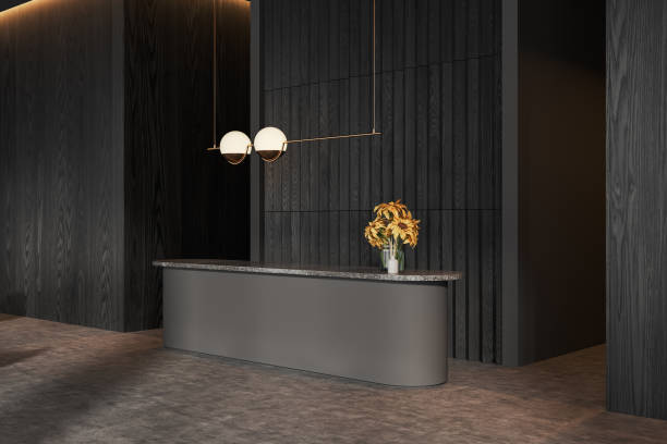 istock Gray and wooden office hall interior with reception 1688484436