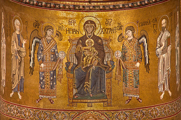 Palermo - Madonna and angels from main apse of Monreale cathedral. Church is wonderful example of Norman architecture. Cathedral was completed about 1200 on April 9, 2013 in Palermo, Italy.