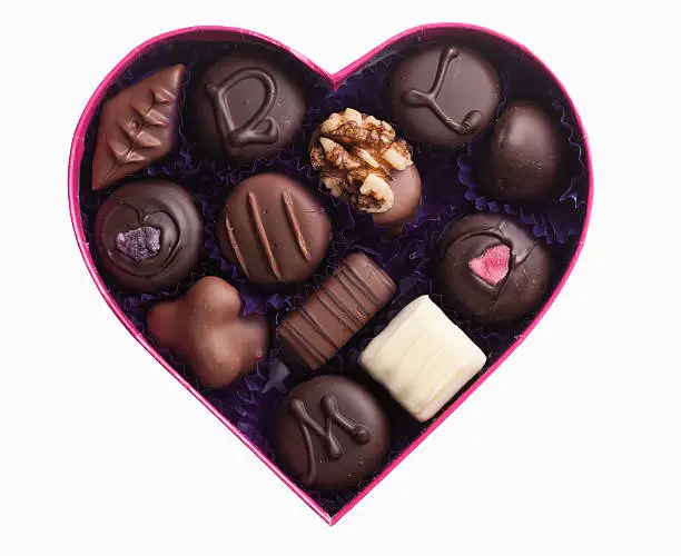 Photo of Close up of chocolates in heart-shape box