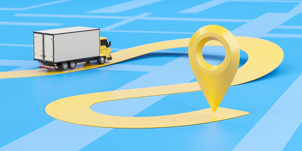 Mock up truck moving on a yellow road, location marker on abstract city map. Concept of navigation, delivery, logistics and shipping. 3D rendering illustration