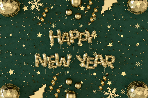 Happy New Year balloons and Christmas ornaments on green color background. Digitally generated image.