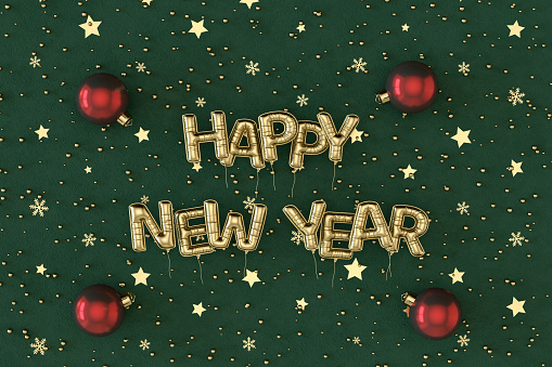 Happy New Year balloons and Christmas ornaments on green color background. Digitally generated image.