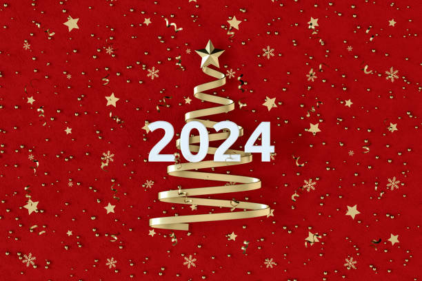 2024 new year and christmas tree on red background - confetti new years day new year christmas imagens e fotografias de stock