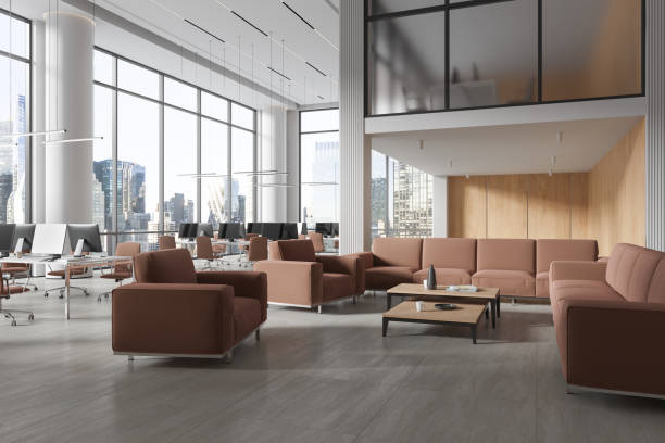 istock White office room interior with workspace and relax area with panoramic window 1688505789