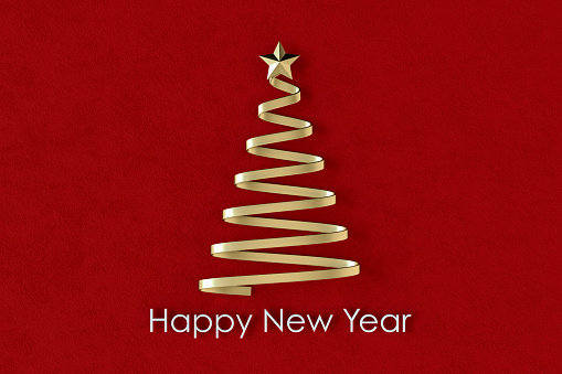 Christmas tree on red background, happy new year concept. Digitally generated image.