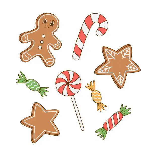 Vector illustration of Set of Christmas sweets, gingerbread, cookie, candy vector illustration