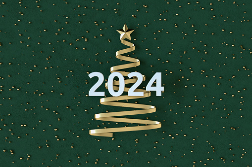 2024 new year and Christmas tree on green background. Digitally generated image.