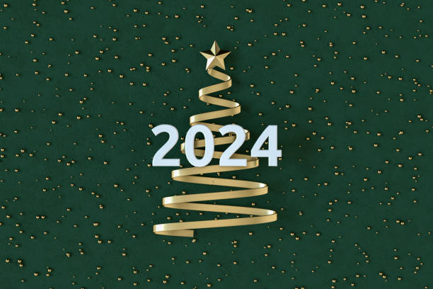 2024 new year and christmas tree on green background. - confetti new years day new year christmas imagens e fotografias de stock