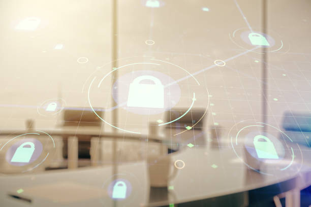 istock Virtual creative lock sketch with chip hologram on a modern boardroom background, protection of personal data concept. Multiexposure 1688506585