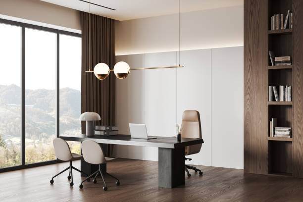 istock Stylish office interior with chairs and table, shelf and panoramic window 1688506600
