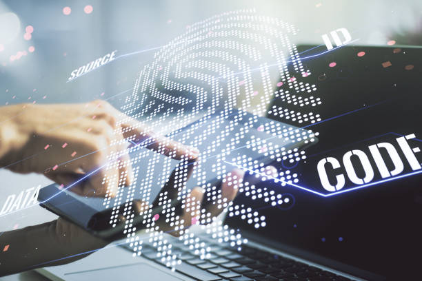 istock Multi exposure of abstract creative fingerprint illustration with finger presses on a digital tablet on background, digital access concept 1688506607