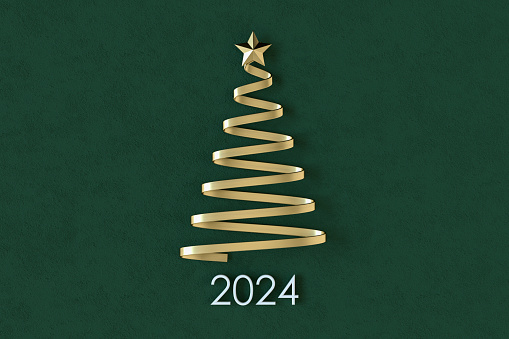 2024 new year and Christmas tree on green background. Digitally generated image.