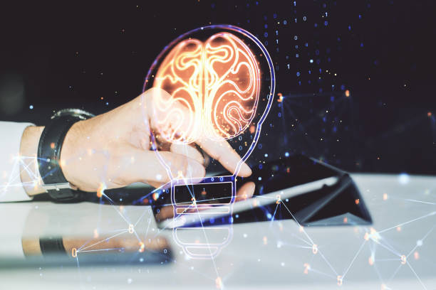 istock Creative light bulb illustration with human brain and with finger presses on a digital tablet on background, future technology concept. Multiexposure 1688506780