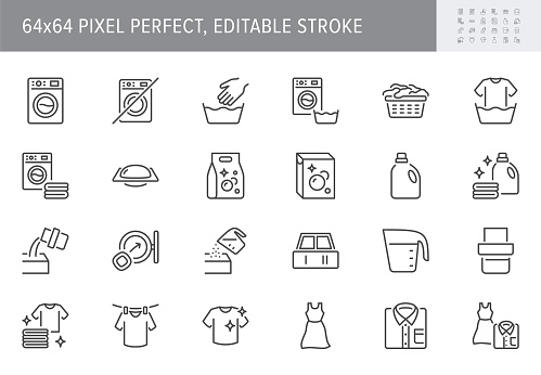 Laundry process line icons. Vector illustration include icon - washing machine, shirt, liquid detergent, basin, beaker outline pictogram for cloth cleaning. 64x64 Pixel Perfect, Editable Stroke.