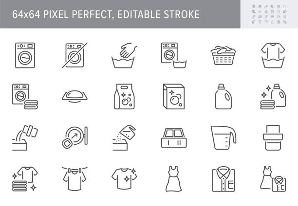 Laundry process line icons. Vector illustration include icon - washing machine, shirt, liquid detergent, basin, beaker outline pictogram for cloth cleaning. 64x64 Pixel Perfect, Editable Stroke Laundry process line icons. Vector illustration include icon - washing machine, shirt, liquid detergent, basin, beaker outline pictogram for cloth cleaning. 64x64 Pixel Perfect, Editable Stroke. laundry stock illustrations