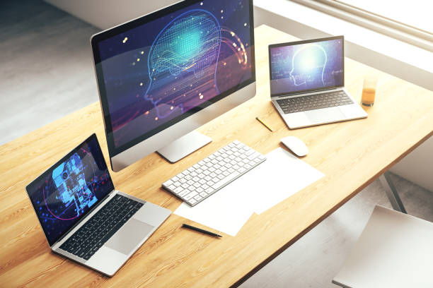 istock Modern computer monitor with creative artificial Intelligence symbol. Neural networks and machine learning concept. 3D Rendering 1688510490