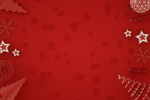 Christmas ornaments on red background, new year concept. Digitally generated image.