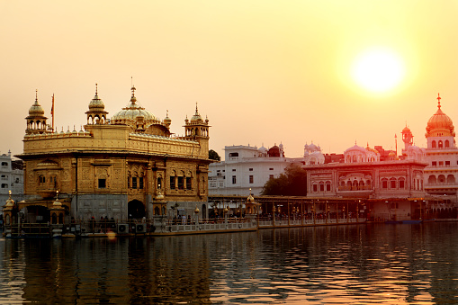 Golden temple during sunset time in Amritsar, Punjab, India.