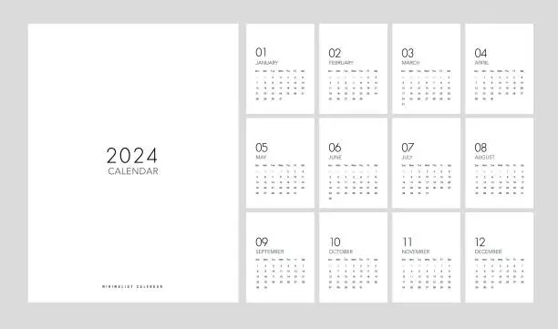 Vector illustration of Calendar 2024 Trendy Minimalist Style. Set of 12 pages desk. 2024 minimal calendar planing vector  for printing template