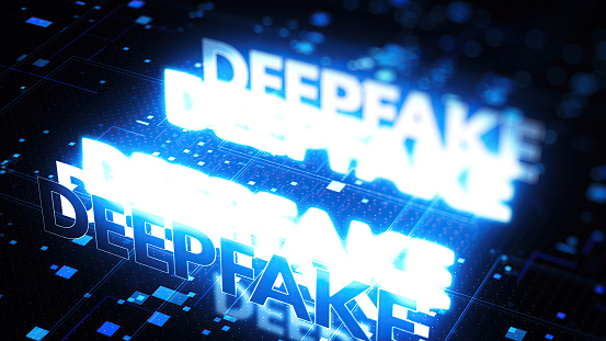 Deepfake sign in blue neon letters