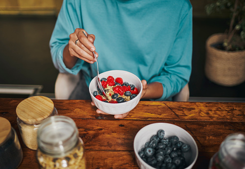 healthy breakfast, fruit bowl, stock photo, copy space