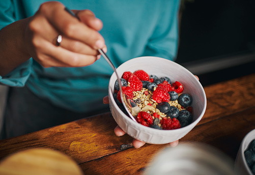 healthy breakfast, berry fruit bowl, stock photo, copy space