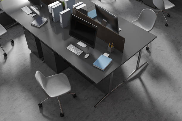 istock Top view of business workplace interior with pc computer and armchairs 1688519313