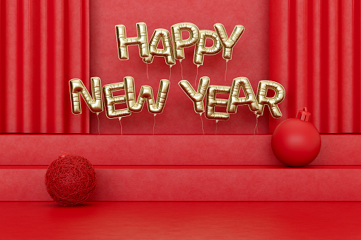 Happy new year balloons on red podium, Christmas background. Digitally generated image.