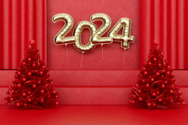ballons du nouvel an 2024 sur le podium rouge, fond de noël. - new year wall decoration gift photos et images de collection
