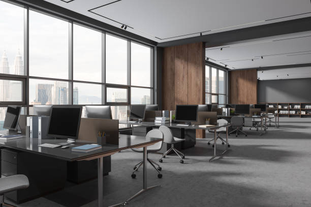 istock Gray and wooden open space office corner with partitions 1688524202