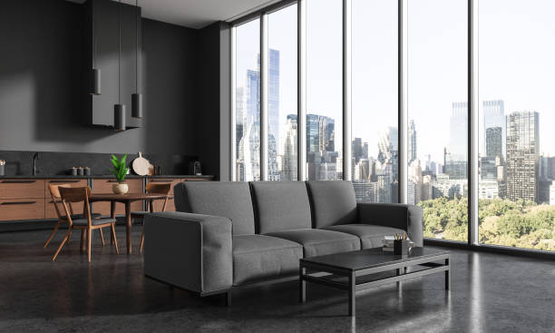 istock Grey hotel studio interior with lounge and dining corner, panoramic window 1688530692
