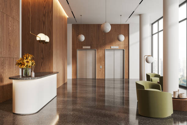 istock White and wooden hotel lobby interior with reception and elevators 1688531215
