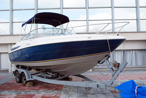 fast luxury boat ready for transport stock photo