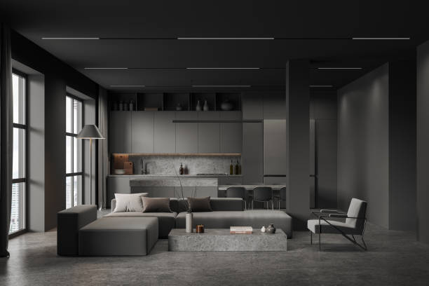 istock Grey home studio interior with relax and cooking zone, panoramic window 1688537161