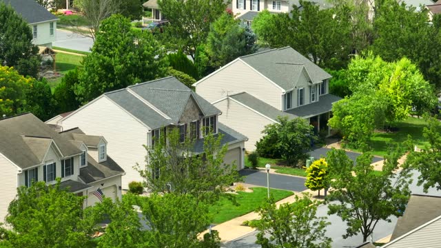 American houses in residential neighborhood lined with mature trees. Aerial shot with telephoto zoom lens of green summer scene in housing development.