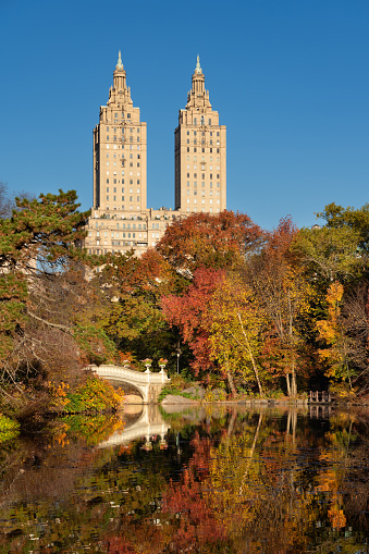 Bow Bridge with The Lake in autumn. Central Park, Upper West Side, Manhattan, New York City