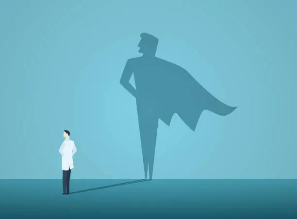 Vector illustration of Vector of a doctor with a super hero shadow