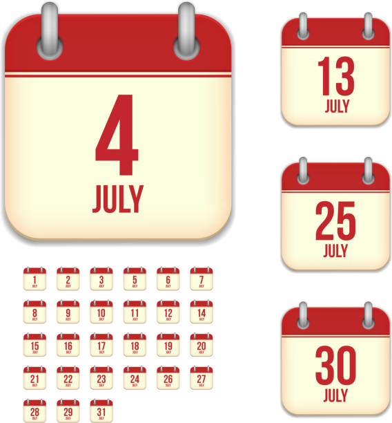 illustrazioni stock, clip art, cartoni animati e icone di tendenza di luglio giorni. vettoriale icone del calendario - 12 18 months
