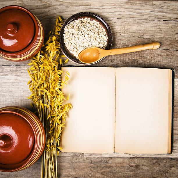 istock Top view on the opened cookbook and kitchen utensils 168855673