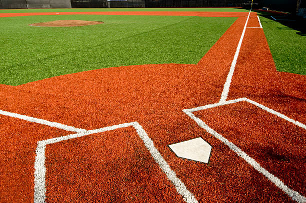 Closeup of empty baseball field Baseball field with home plate in the foreground. base sports equipment photos stock pictures, royalty-free photos & images