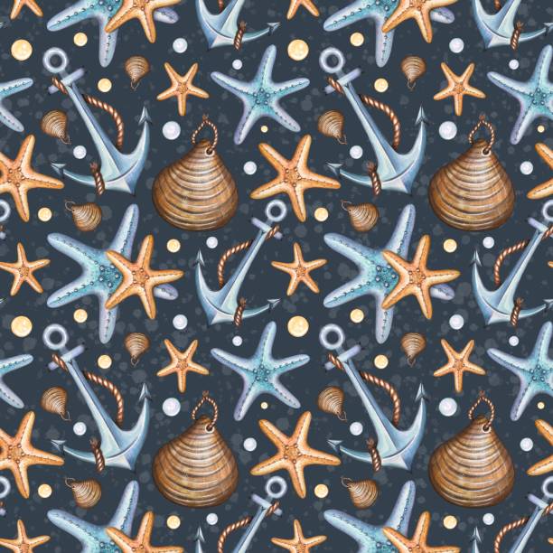 istock Marine seamless pattern with metal ship anchors, shells, starfish. Sea watercolor illustration 1688558937