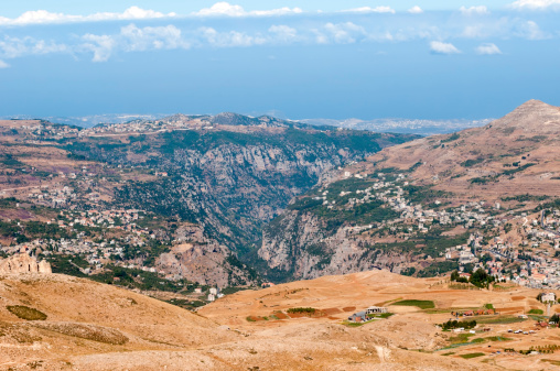 View of the Qadisha Valley in northern Lebanon, above which are several towns including the birthplace of Kahlil Gibran, Bcharre. Qadisha means \