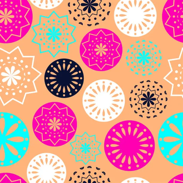 Vector illustration of Vector. Perforated bright patterns Papel Picado pattern on a colored background. Hispanic Heritage Month. Polygonal seamless pattern for web banner, poster, cover, splash, social network.