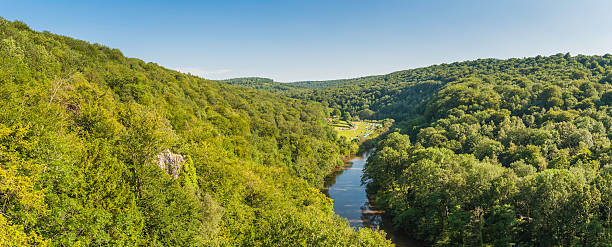 istock Picturesque green forest river valley campsite panorama 168856466