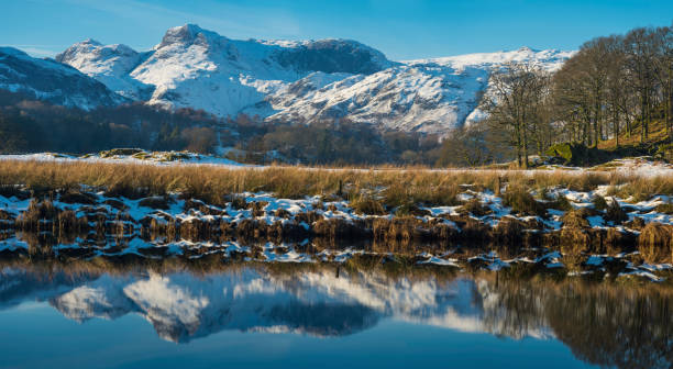 lake district snowy góry daszki nad w tarn cumbria - panoramic langdale pikes english lake district cumbria zdjęcia i obrazy z banku zdjęć