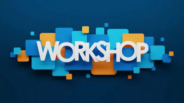 Photo of 3D render of WORKSHOP blue and orange typography banner