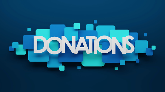 DONATIONS typography banner with blue squares on dark blue background